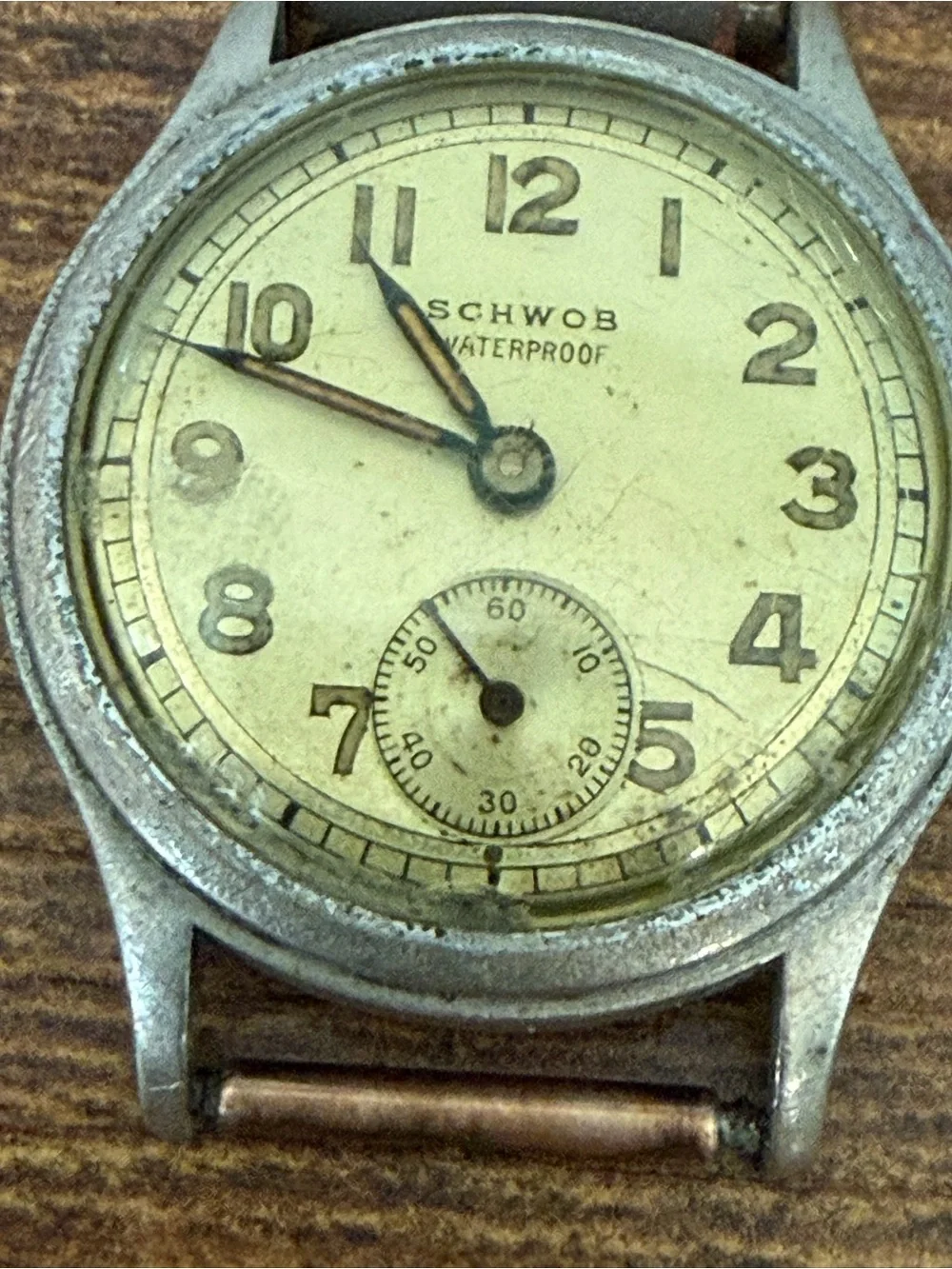 Schwob Vintage 1940s Hand Wind Watch Running Sub Seconds Military Style Mens